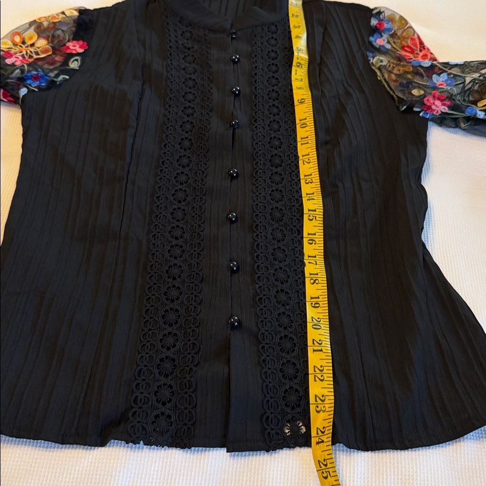Boho Sheer Mesh Floral Embroidered Button Down Up Shirt Top Blouse Black US 4 - Picture 11 of 13